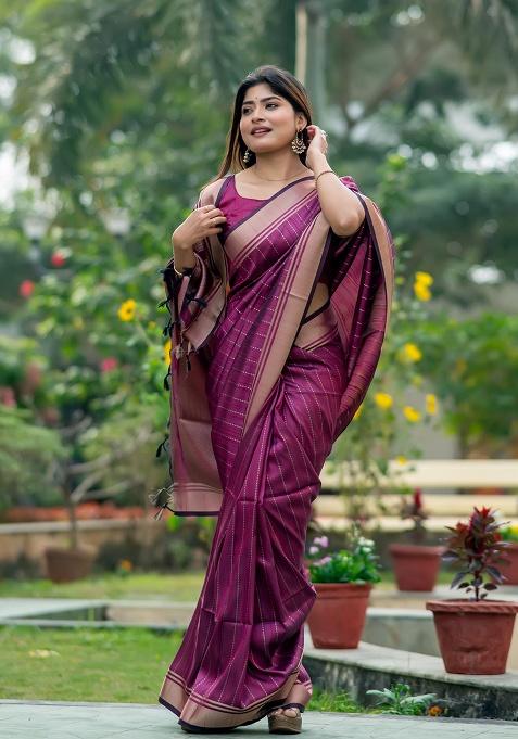 Magenta Motif Silk Saree Set