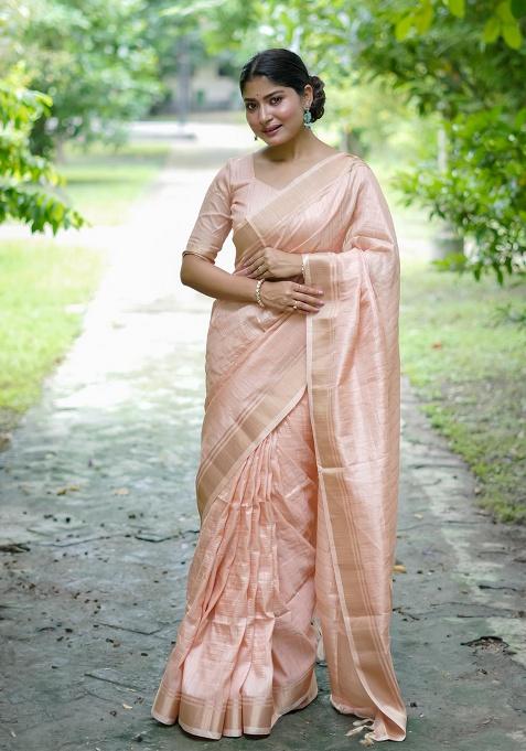 Peach Motif Silk Saree Set
