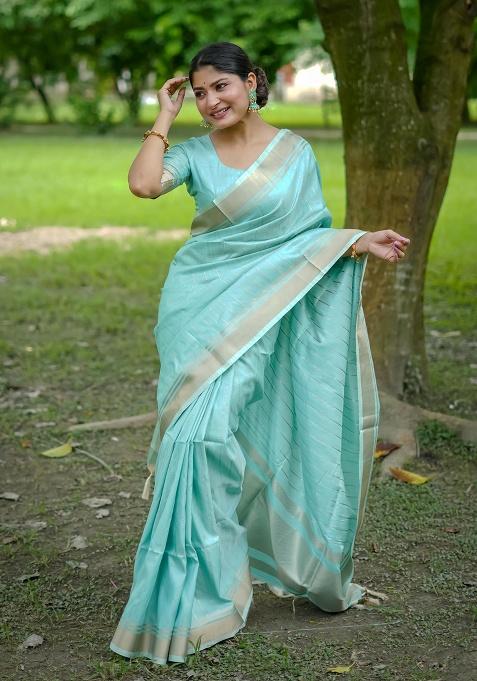 Light Aqua Blue Motif Silk Saree Set