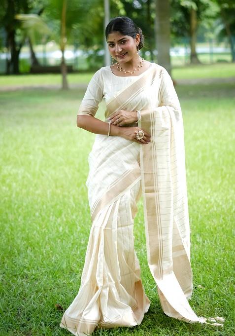 Off White Motif Silk Saree Set