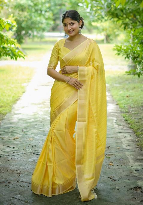 Yellow Motif Silk Saree Set