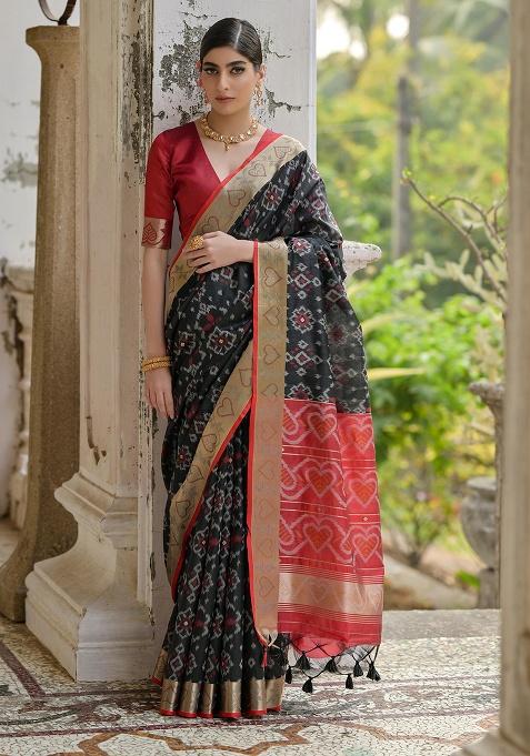 Black Motif Silk Saree Set