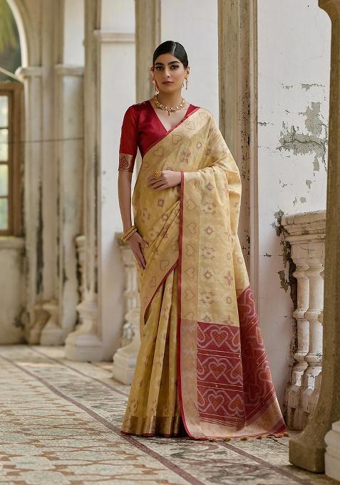 Cream Motif Silk Saree Set