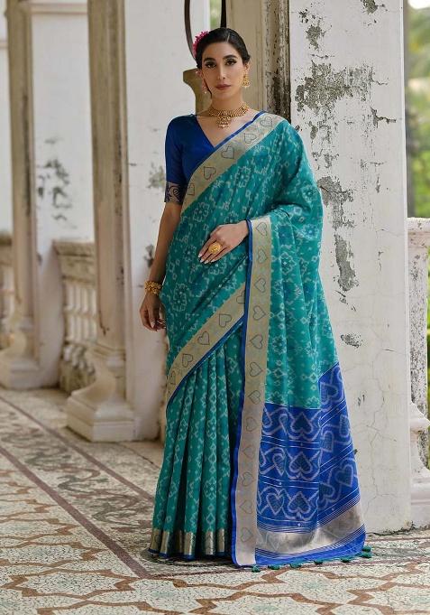 Teal Motif Silk Saree Set