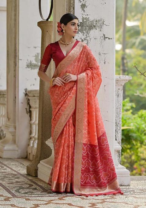 Orange Motif Silk Saree Set