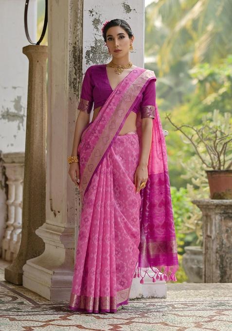 Pink Motif Silk Saree Set