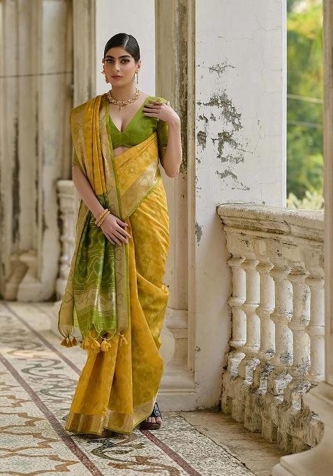 Yellow Motif Silk Saree Set