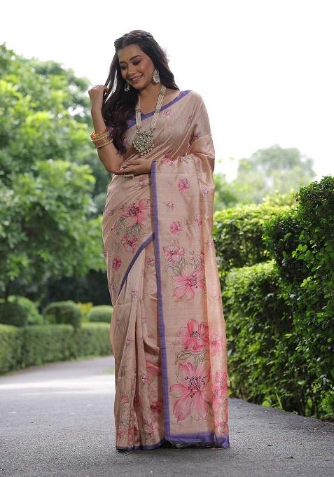 Beige Motif Silk Saree Set