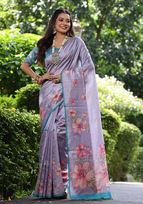 Lavender Motif Silk Saree Set