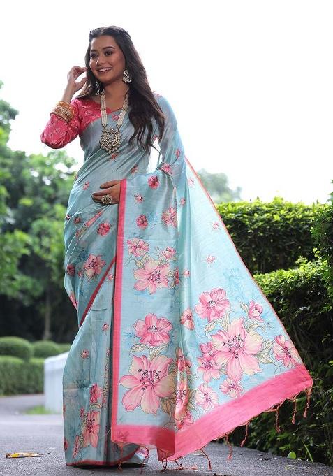 Sky Blue Motif Silk Saree Set