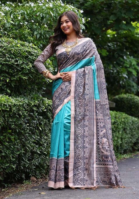 Aqua Blue Motif Silk Saree Set
