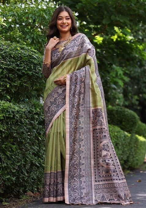 Olive Motif Silk Saree Set