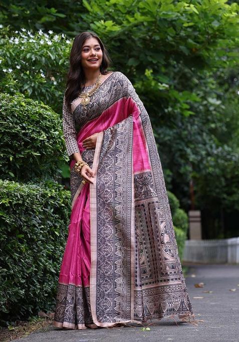 Pink Motif Silk Saree Set
