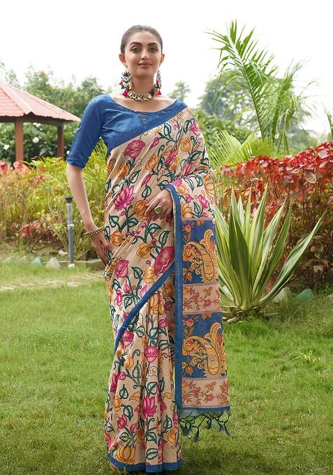 Blue Motif Silk Saree Set