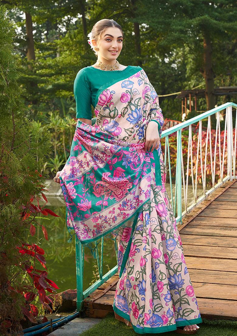 Green Motif Silk Saree Set - Indya