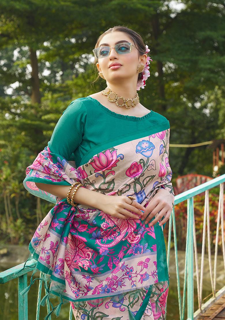 Green Motif Silk Saree Set - Indya