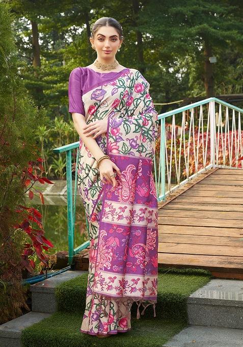 Purple Motif Silk Saree Set