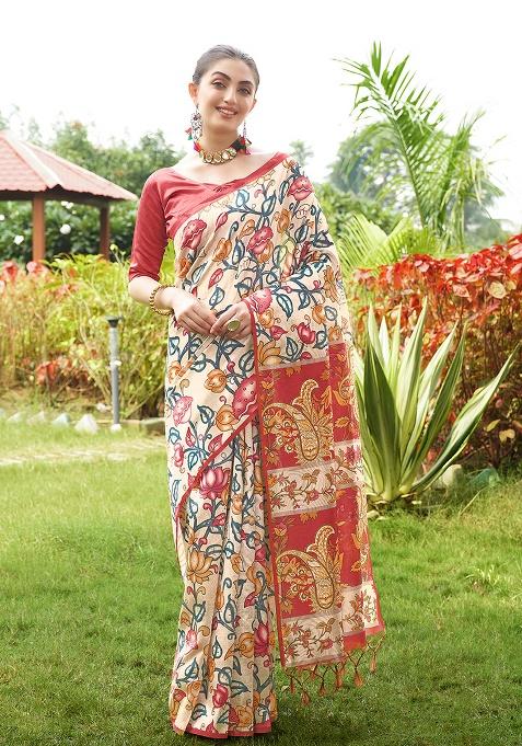 Red Motif Silk Saree Set
