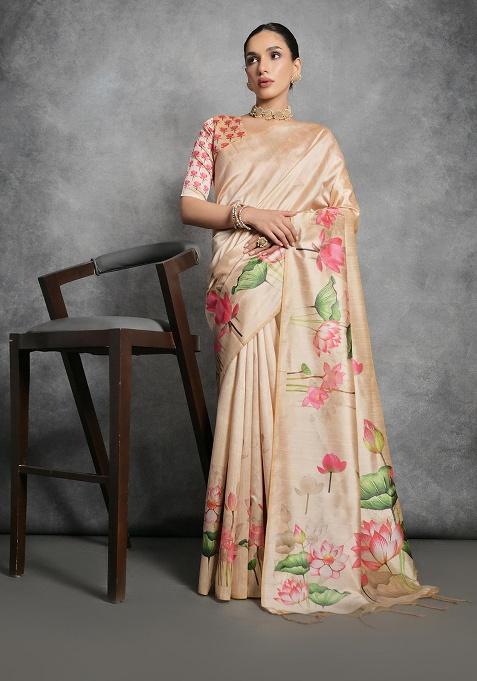 Beige Motif Silk Saree Set