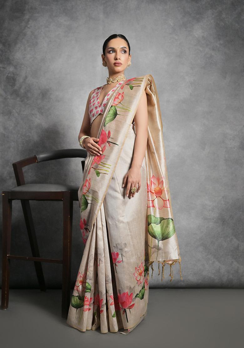 Cream Motif Silk Saree Set - Indya