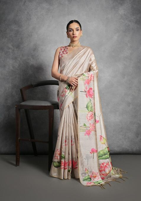 Cream Motif Silk Saree Set