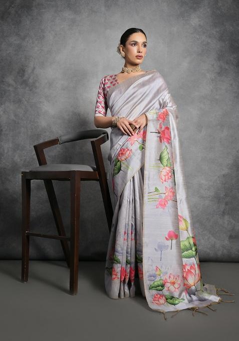 Grey Motif Silk Saree Set