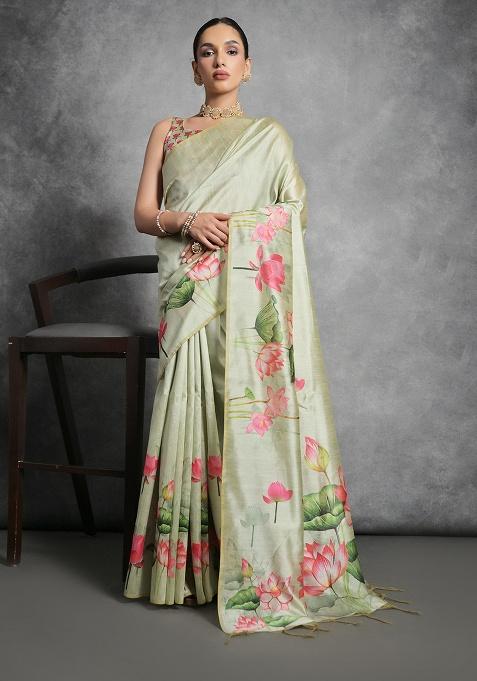 Green Motif Silk Saree Set