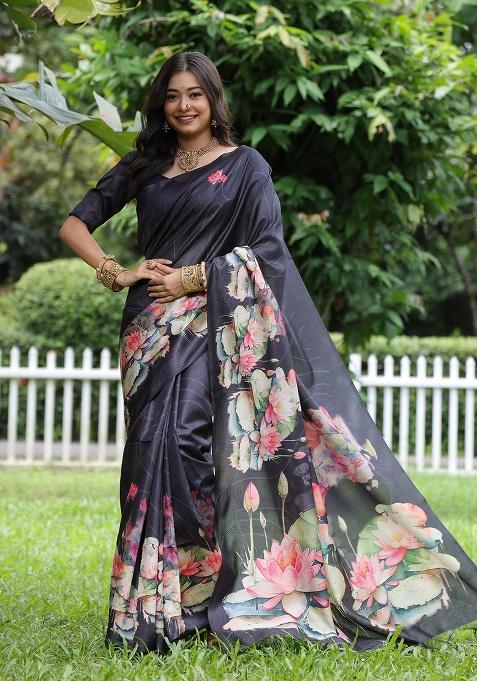 Black Motif Silk Saree Set