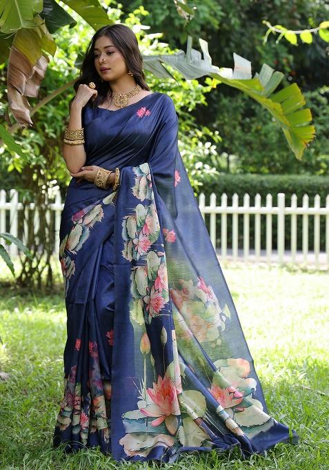 Navy Blue Motif Silk Saree Set