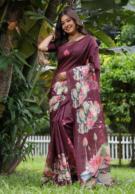 Purple Motif Silk Saree Set