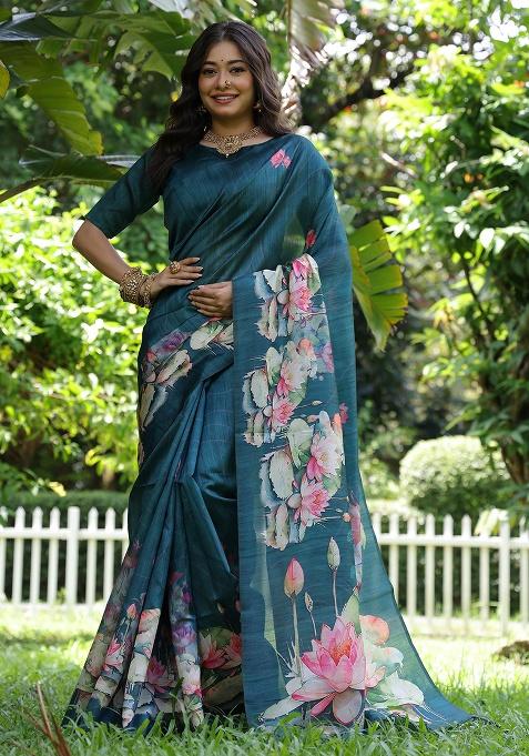Teal Motif Silk Saree Set