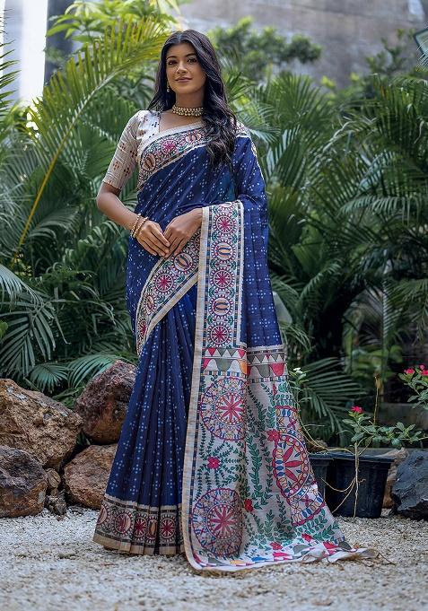 Blue Motif Silk Saree Set