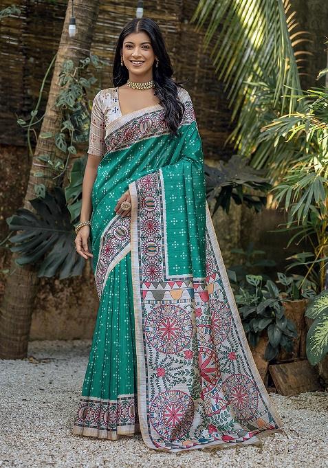 Rama Green Motif Silk Saree Set