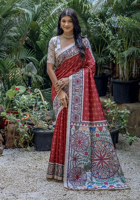 Red Motif Silk Saree Set