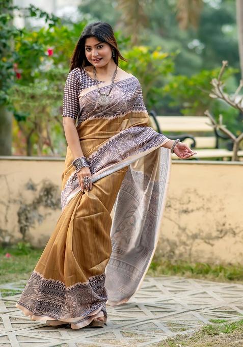 Mustard Motif Silk Saree Set