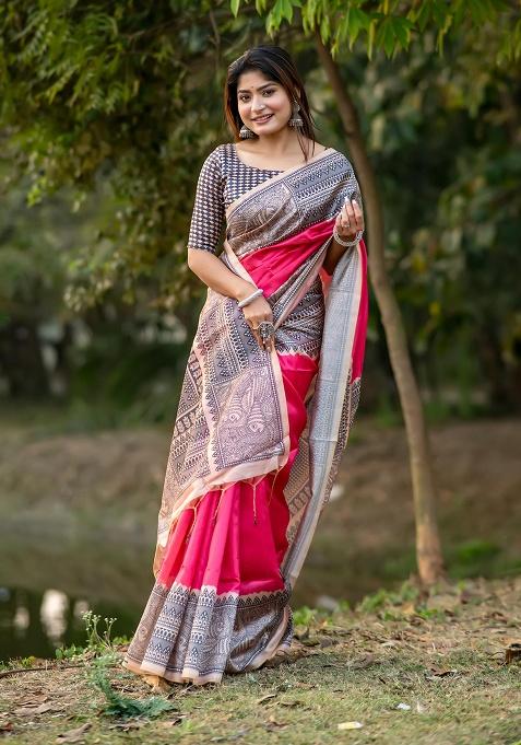 Pink Motif Silk Saree Set
