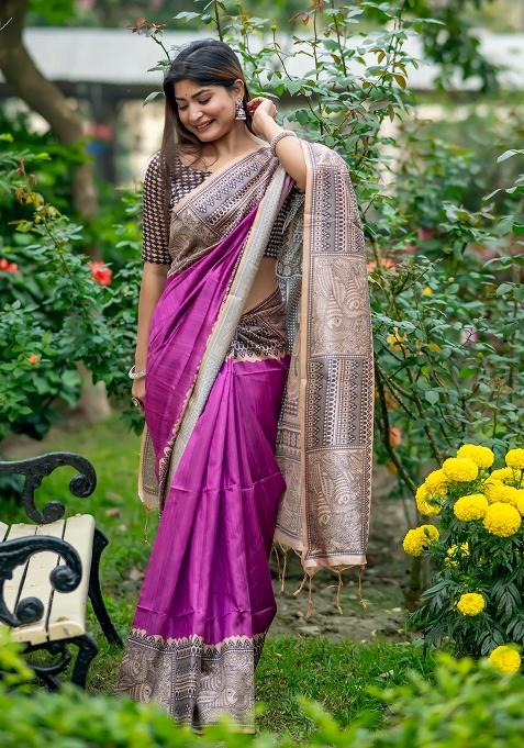 Purple Motif Silk Saree Set
