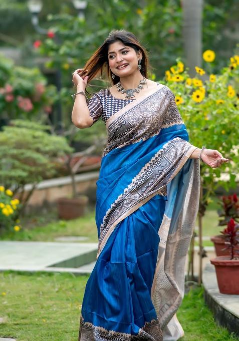 Royal Blue Motif Silk Saree Set