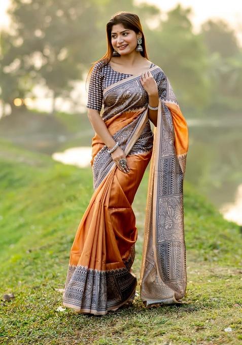 Rust Motif Silk Saree Set