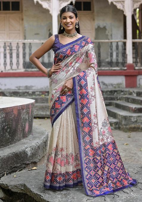 Blue Motif Silk Saree Set
