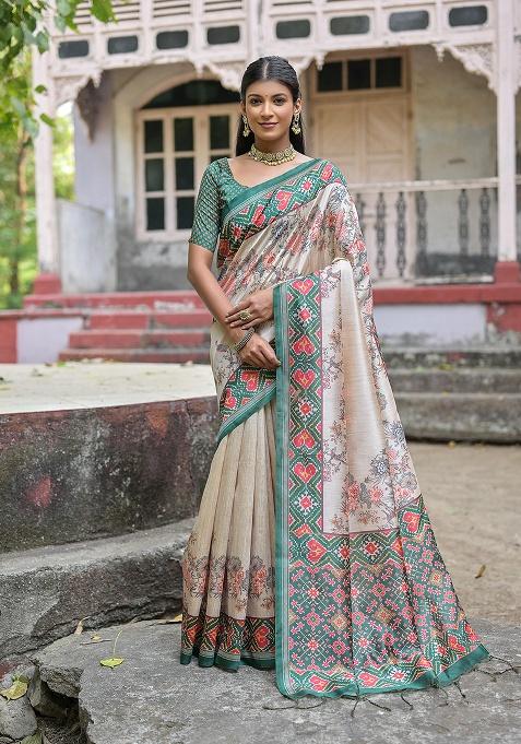 Teal Motif Silk Saree Set