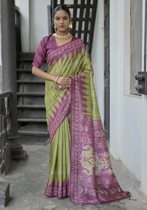 Green Motif Silk Saree Set