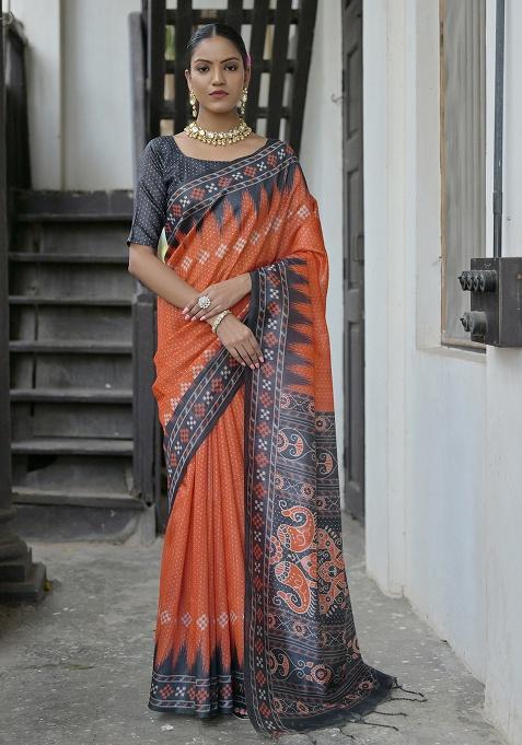 Orange Motif Silk Saree Set