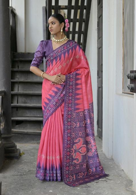 Peach Motif Silk Saree Set