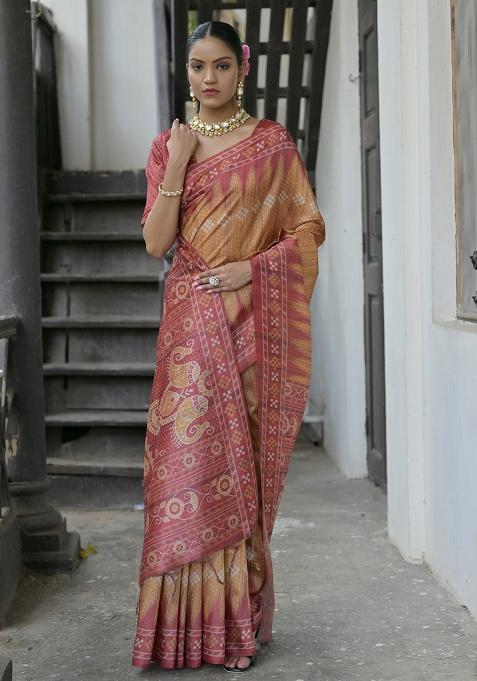 Rust Motif Silk Saree Set