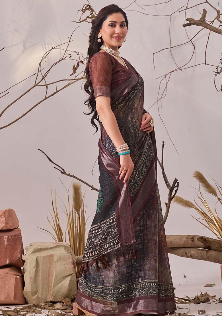 Brown Motif Faux Linen Saree Set - Indya