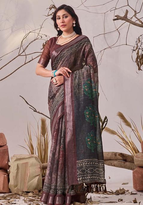 Brown Motif Faux Linen Saree Set