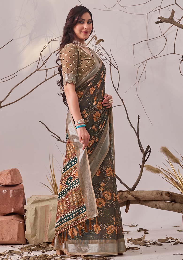 Slate Grey Motif Faux Linen Saree Set - Indya