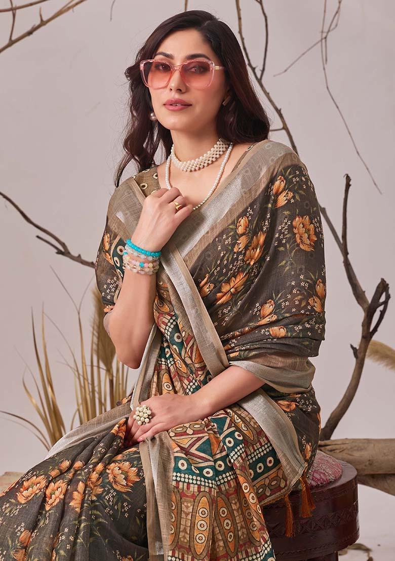 Slate Grey Motif Faux Linen Saree Set - Indya