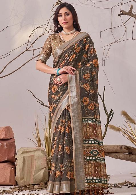Slate Grey Motif Faux Linen Saree Set